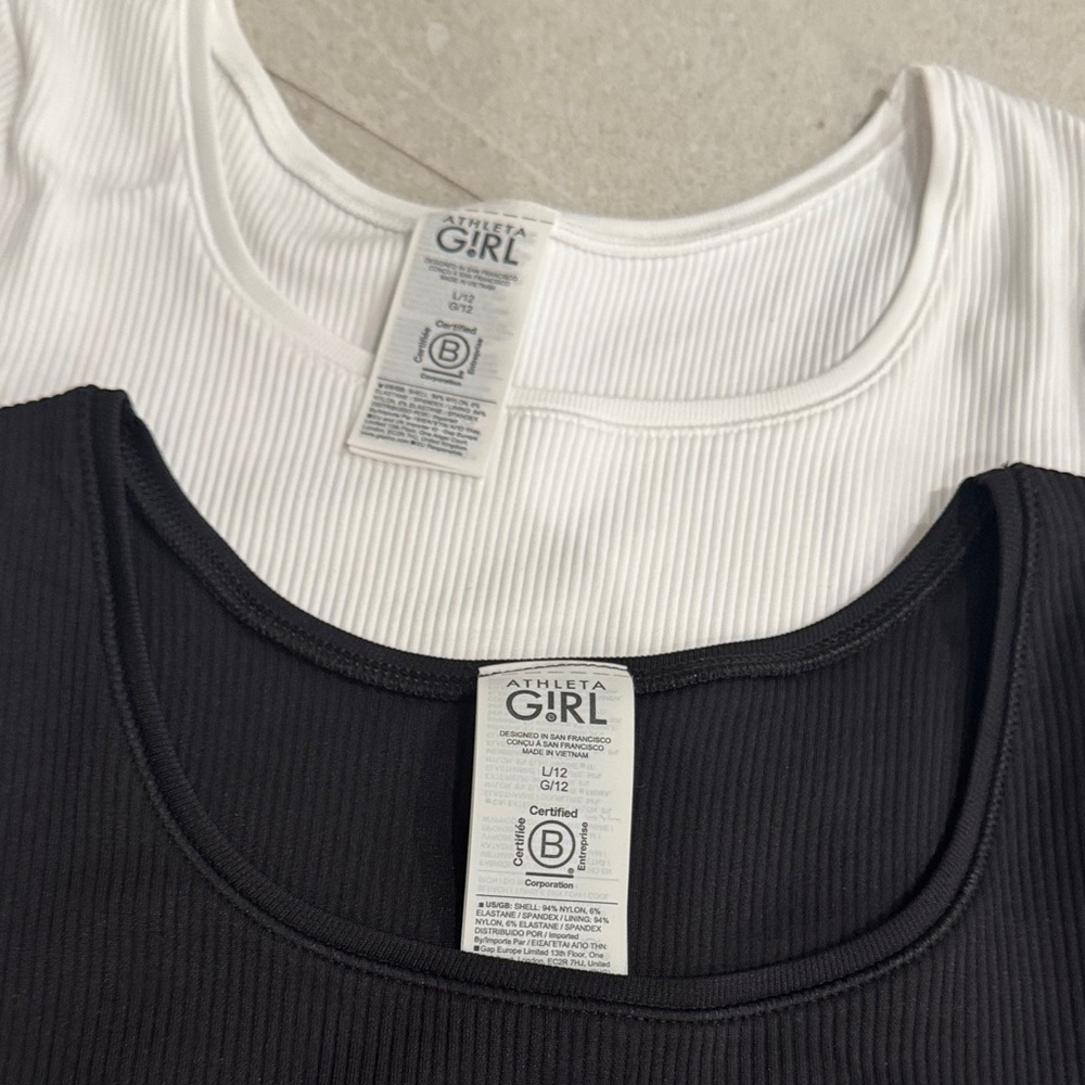 2 NEW Athleta Girl Black White Rise Above Ribbed Crop Tees LARGE 12 - Picture 5 of 11